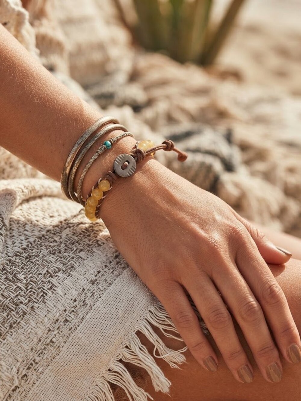 Citrine Beaded Leather Wrap Bracelet